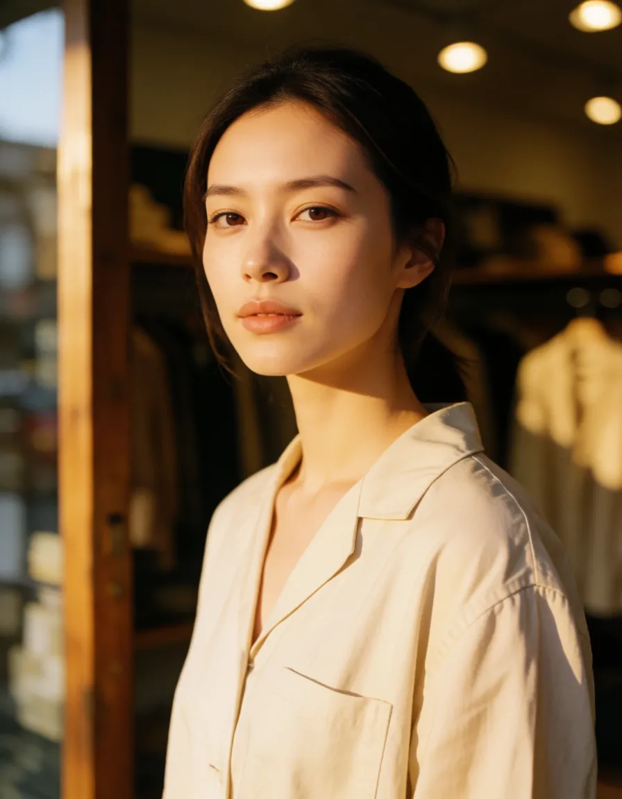 a photograph, a woman in store getting sucked, warm golden afternoon daylight, soft natural shadows, warm amber tones, gentle contrast, fine film grain, smooth clear skin, strikingly beautiful, radiant complexion, early twenties