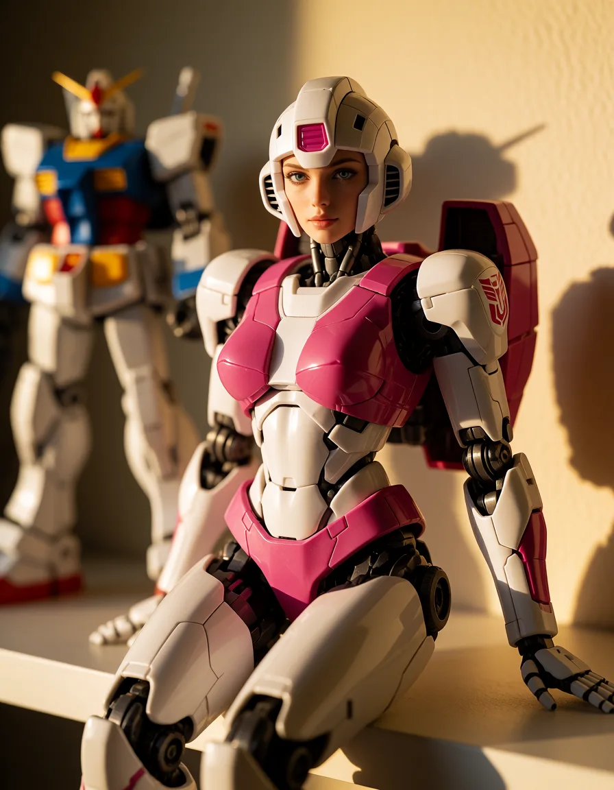 a photograph, (high end action figure), transformers, arcee, female robot, white, pink accents, gundam, nude, on shelf, depth of field, warm golden afternoon daylight, soft natural shadows, warm amber tones, gentle contrast, fine film grain, smooth clear skin, strikingly beautiful, radiant complexion, early twenties