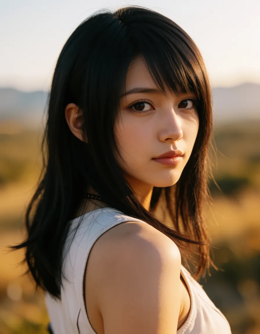 a photograph, image of Rinoa Final Fantasy VIII, with black straight side bangs shoulder hairstyle. Naked, spread_legs, showing asshole, juice dripping from pussy. Full body photo. High detailed resolution. from_behind, facing_viewer, full-face, horny expression, warm golden afternoon daylight, soft natural shadows, warm amber tones, gentle contrast, fine film grain, smooth clear skin, strikingly beautiful, radiant complexion, early twenties