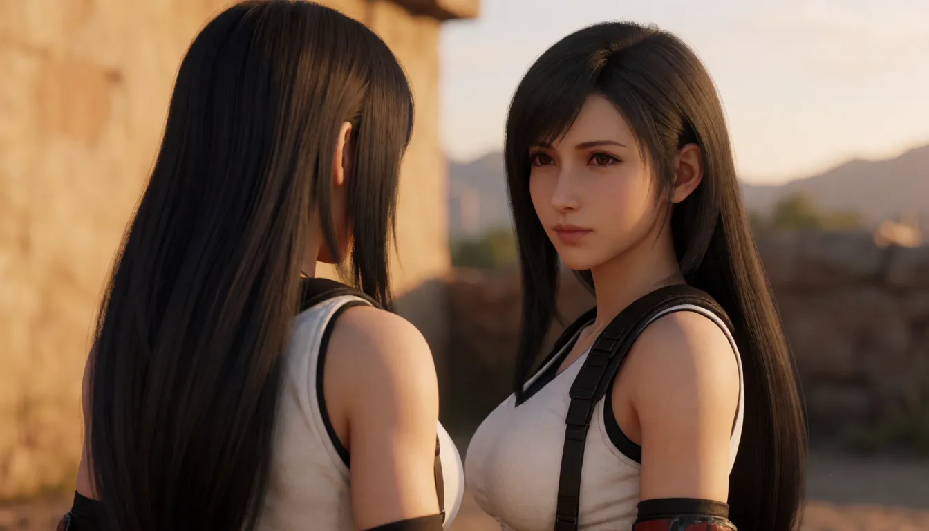 a photograph, image of Tifa Lockhart Final Fantasy VII, with black short straight bangs hairstyle, untied. Naked, spread_legs, showing asshole, juice dripping from pussy. Full body photo. 8K resolution. from_behind, facing_viewer, full-face, horny expression, warm golden afternoon daylight, soft natural shadows, warm amber tones, gentle contrast, fine film grain, smooth clear skin, strikingly beautiful, radiant complexion, early twenties