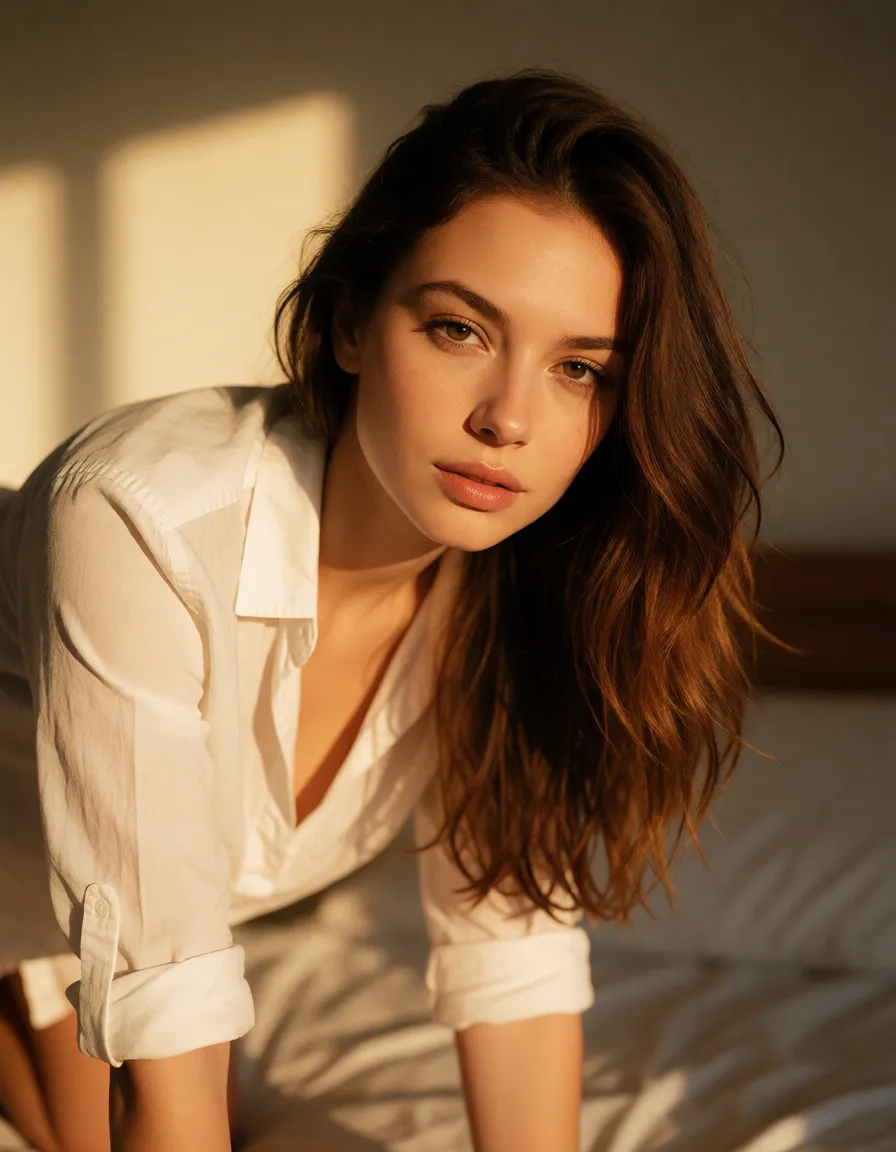 a photograph, cinematic photo, 8k, 2women, white shirt, on all fours, dslr quality, warm golden afternoon daylight, soft natural shadows, warm amber tones, gentle contrast, fine film grain, smooth clear skin, strikingly beautiful, radiant complexion, early twenties
