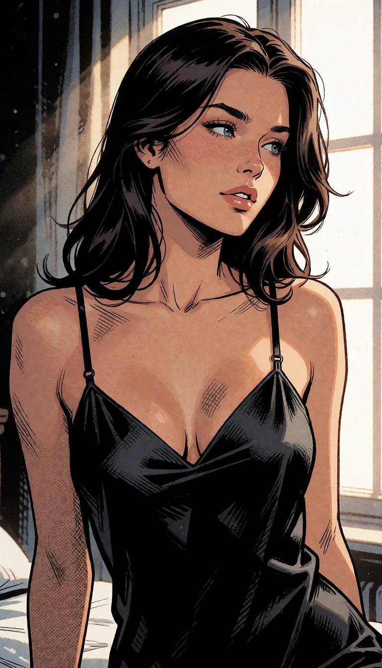 comic book art, a woman with long dark hair in a black silk slip, soft window light, shot on film, bold black ink outlines, halftone dot shading, cross hatched shadows, flat four colour print palette, hard high contrast comic inking, printed comic page, strikingly beautiful, radiant complexion, early twenties