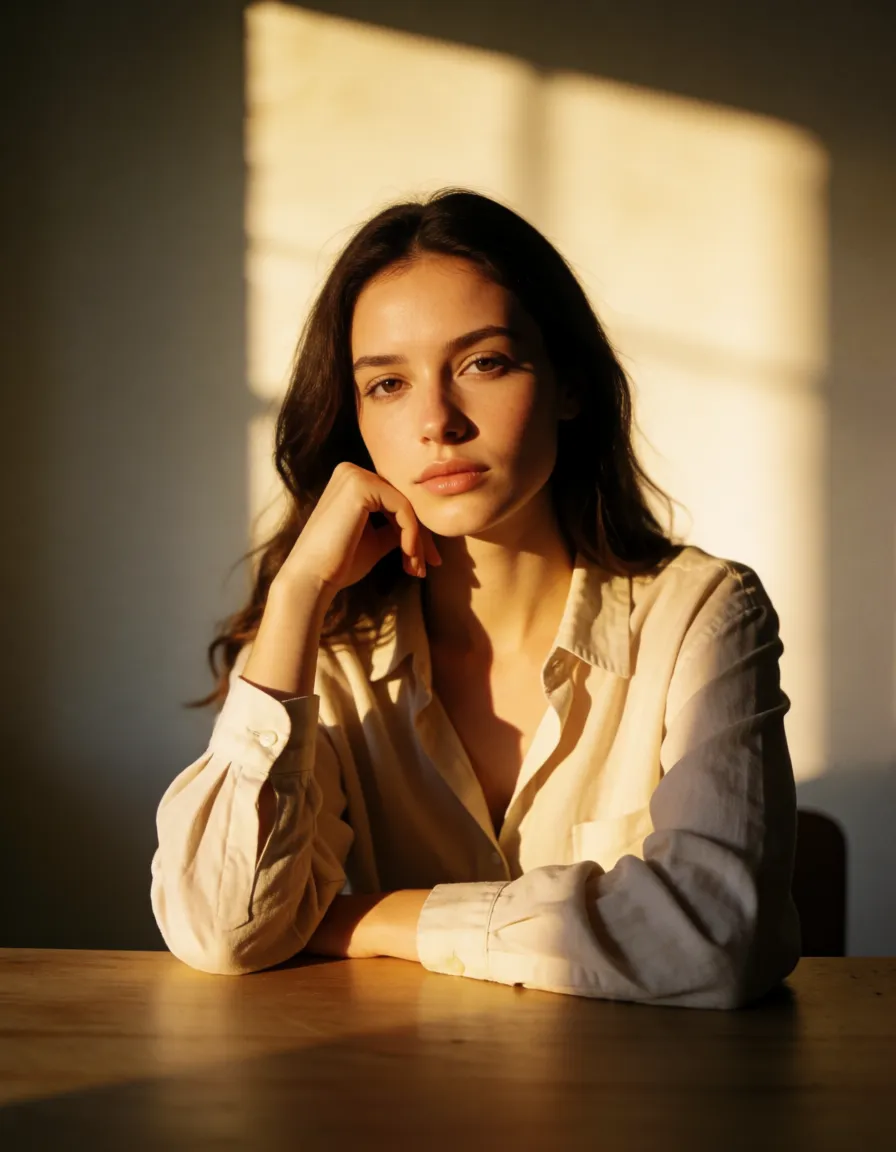 a photograph, professional photo, high detail, solo focus, thighs, shirt, presenting, table, dramatic lighting, dslr quality, warm golden afternoon daylight, soft natural shadows, warm amber tones, gentle contrast, fine film grain, smooth clear skin, strikingly beautiful, radiant complexion, early twenties