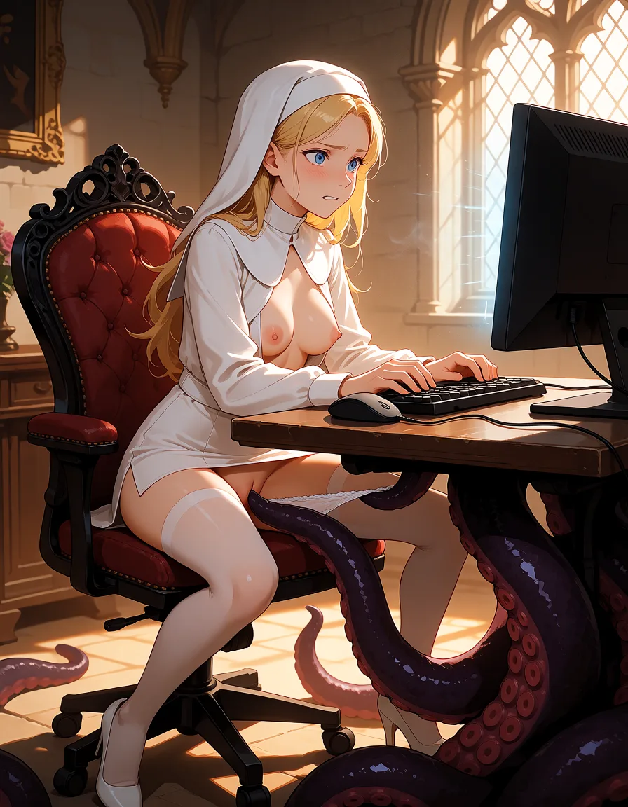 a photograph, hentai, uncensored, explicit, 1woman, blonde nun Celia, short open white nun outfit, white mini skirt, white stockings, high heels, panties pushed aside, sitting at computer desk, focused on screen, typing fast, urgently trying to open the door through the computer, concentrated expression,chair is a mimic, tentacles under the desk, one tentacle gently stroking her exposed pussy, rubbing her clit slowly, she is trying to ignore it and keep working, slight blush, biting lip a little, hands still typing steadily, clothes remain on,gothic room, high detail, digital anime style, NSFW, warm golden afternoon daylight, soft natural shadows, warm amber tones, gentle contrast, fine film grain, smooth clear skin, strikingly beautiful, radiant complexion, early twenties