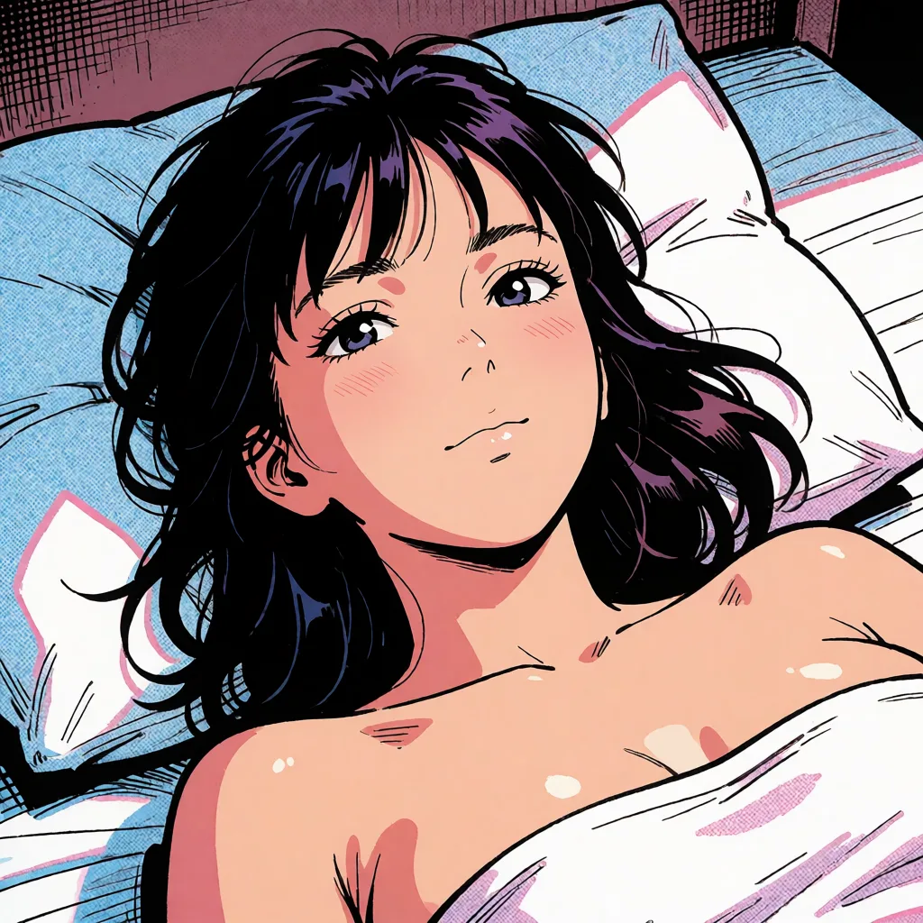 comic book art, flat color, Anime title: Ping Pong Club (Ike! Inachū Takkyū-bu), Maeno fucking Kyoko Iwashita, in the bedroom, bold black ink outlines, halftone dot shading, cross hatched shadows, flat four colour print palette, hard high contrast comic inking, printed comic page, strikingly beautiful, radiant complexion, early twenties