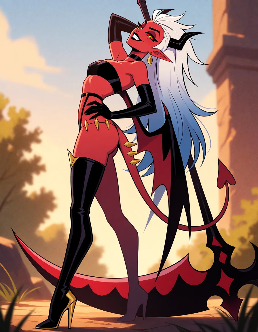 a photograph, 1woman, solo, demon woman, tall slender figure, three-quarter view, left side closest to camera, body facing left, face visible, strong dramatic lower back arch, deep lower back curve, hips pushed forward, chest pushed out, head tilted far back, chin up, looking down at viewer, confident sharp-toothed smirk, mouth slightly open, visible sharp teeth, bright red skin, smooth red skin, long flowing white hair, white hair with blue gradient tips, hair reaching waist, long spiky hair, swept back hair, messy bangs, small black horns, curved horns pointing back, tall pointed ears, long pointed ears, yellow eyes, red sclera, sharp pupils, dark eyeliner, small rectangular glasses, black bat wings, large bat wings, folded wings, long thin demon tail, tail with heart-shaped tip, black bandeau top, black bikini top, black bikini bottom, thin black straps, straps connecting top and bottom, bare midriff, exposed stomach, toned stomach, long black gloves, elbow-length gloves, glossy black latex thigh-high stocking on right leg, single stocking, left leg bare, asymmetric legwear, black thigh-high boots, sharp stiletto heels, gold trim on boots, gold spikes on hips, gold accents, left hand on hip, right hand behind head, right arm raised, left arm bent, leaning back, leaning against scythe, large scythe weapon, scythe planted in ground, long dark handle, large curved blade, black and red blade, jagged blade edges, massive blade, bold black outlines, flat cel shading, sharp angular shapes, western animation style, vibrant saturated colors, high contrast, 2d illustration, full body shot, dynamic pose, warm golden afternoon daylight, soft natural shadows, warm amber tones, gentle contrast, fine film grain, smooth clear skin, strikingly beautiful, radiant complexion, early twenties