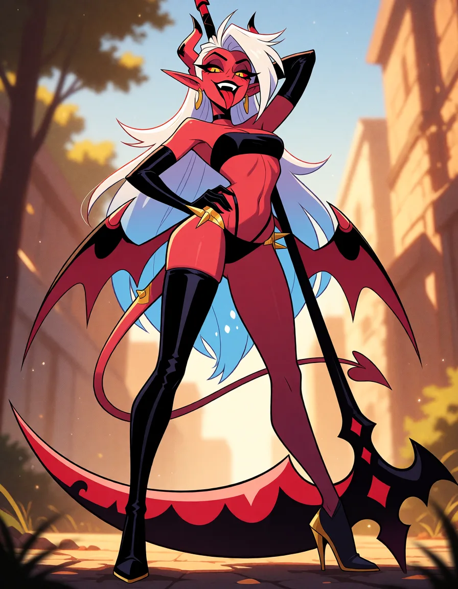 a photograph, 1woman, solo, demon woman, tall slender figure, frontal view, facing camera directly, body facing forward, tongue_out, long tongue, face fully visible, strong dramatic lower back arch, deep lower back curve, hips pushed forward, chest pushed out, shot head back, chin up, looking down at viewer, confident sharp-toothed smirk, mouth slightly open, visible sharp teeth, bright red skin, smooth red skin, long flowing white hair, white hair with blue gradient tips, hair reaching waist, long spiky hair, swept back hair, messy bangs, small black horns, curved horns pointing back, tall pointed ears, long pointed ears, yellow eyes, red sclera, sharp pupils, dark eyeliner, small rectangular glasses, black bat wings, large bat wings, folded wings, long thin demon tail, tail with heart-shaped tip, black bandeau top, black bikini top, black bikini bottom, thin black straps, straps connecting top and bottom, bare midriff, exposed stomach, toned stomach, long black gloves, elbow-length gloves, glossy black latex thigh-high stocking on right leg, single stocking, left leg bare, asymmetric legwear, black thigh-high boots, sharp stiletto heels, gold trim on boots, gold spikes on hips, gold accents, left hand on hip, right hand behind head, right arm raised, left arm bent, leaning back, leaning against scythe, large scythe weapon, scythe planted in ground, long dark handle, large curved blade, black and red blade, jagged blade edges, massive blade, bold black outlines, flat cel shading, sharp angular shapes, western animation style, vibrant saturated colors, high contrast, 2d illustration, full body shot, dynamic pose, warm golden afternoon daylight, soft natural shadows, warm amber tones, gentle contrast, fine film grain, smooth clear skin, strikingly beautiful, radiant complexion, early twenties