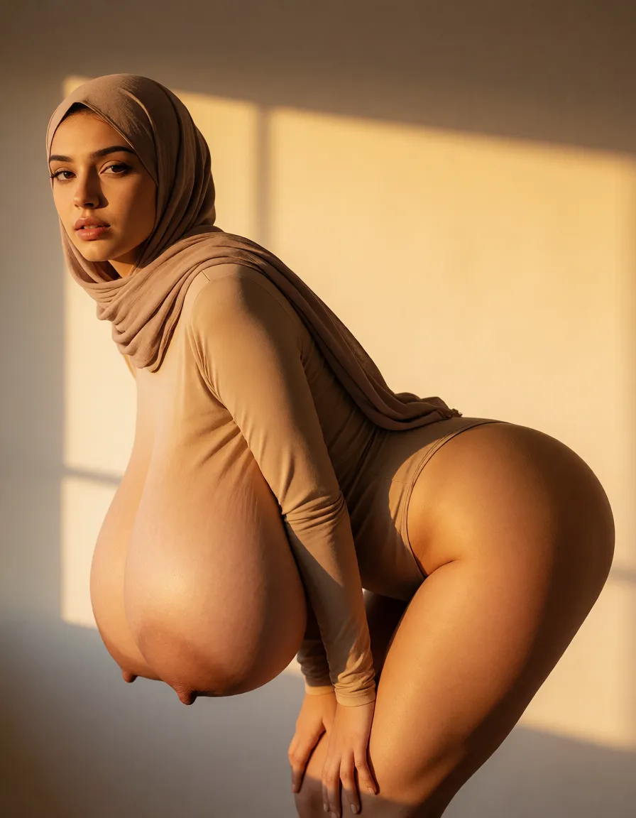 a photograph, Arab, gigantic breast, bodysuit, hijab, bent_over, anal, huge ass,, warm golden afternoon daylight, soft natural shadows, warm amber tones, gentle contrast, fine film grain, smooth clear skin, strikingly beautiful, radiant complexion, early twenties