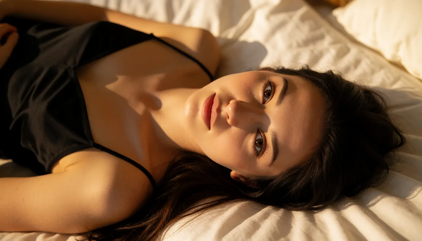a photograph, a woman with long dark hair in a black Slip, laying on her back, in bed, viewpoint from above, Head First, warm golden afternoon daylight, soft natural shadows, warm amber tones, gentle contrast, fine film grain, smooth clear skin, strikingly beautiful, radiant complexion, early twenties