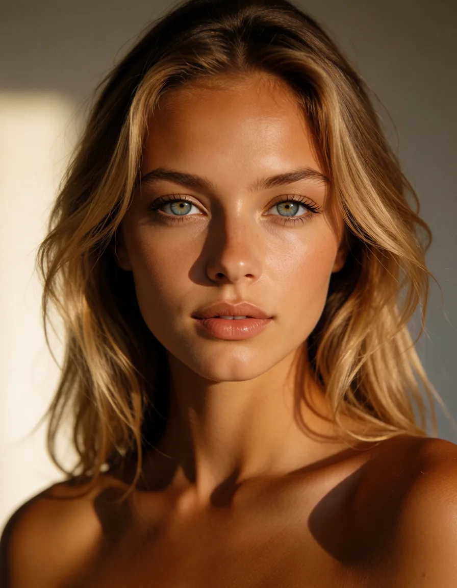 a photograph, Stunning woman, tanned, tanned, tanned, very tanned skin, extremely beautiful face, nude, highly detailed blue eyes, warm golden afternoon daylight, soft natural shadows, warm amber tones, gentle contrast, fine film grain, smooth clear skin, strikingly beautiful, radiant complexion, early twenties
