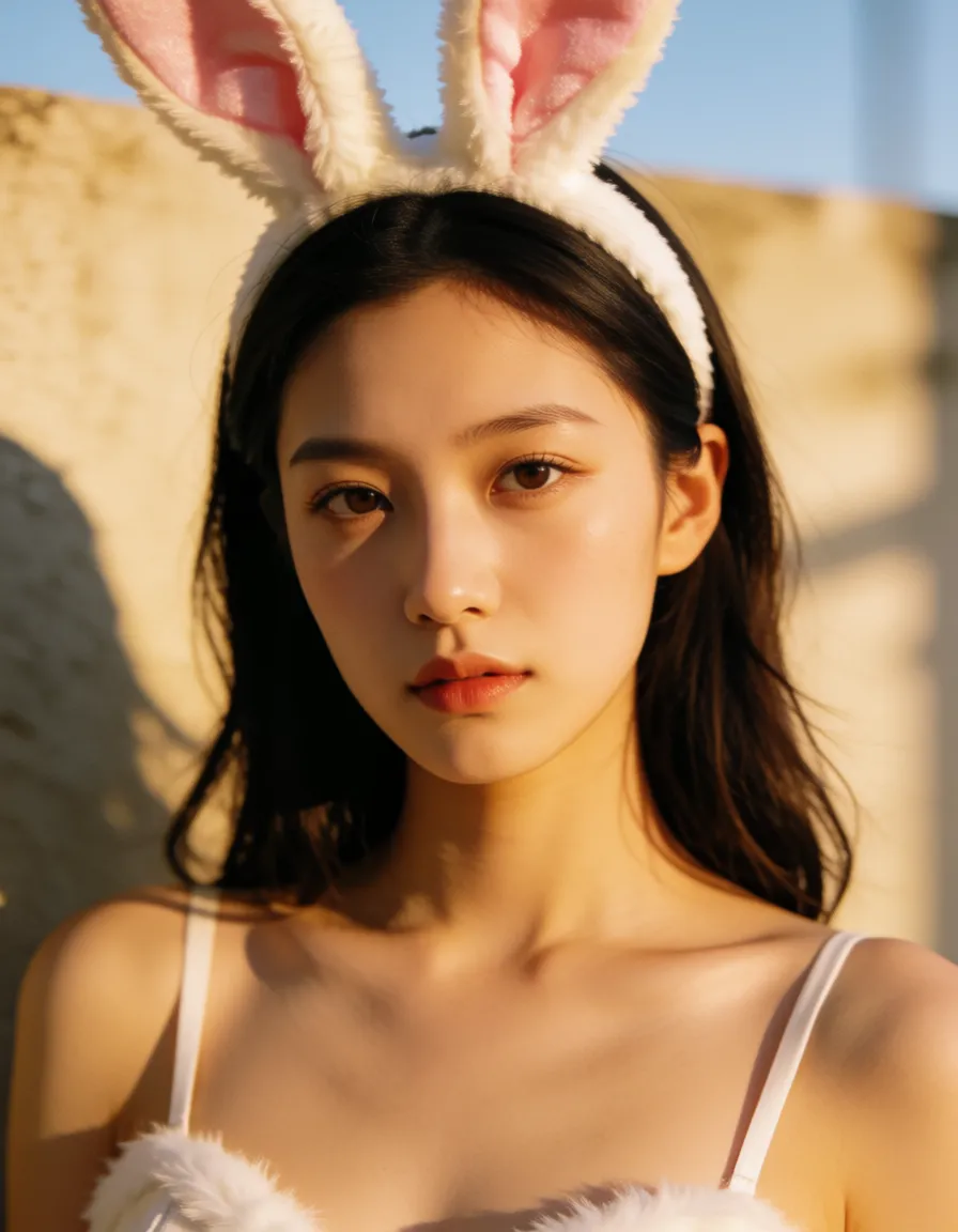 a photograph, woman slim, big ass, big breast, sexy body, sexy anal, wearing bunny, warm golden afternoon daylight, soft natural shadows, warm amber tones, gentle contrast, fine film grain, smooth clear skin, strikingly beautiful, radiant complexion, early twenties