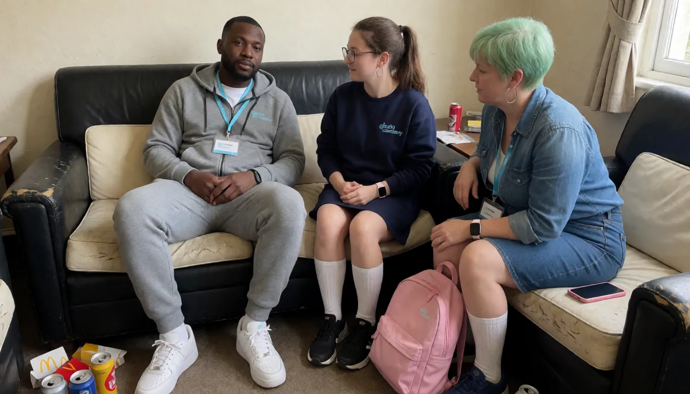 an amateur snapshot, In a messy old fashioned lounge, on a black leather slighlty worn out sofa with cream  cushions, a bald  athletic black man, dressed in a  grey tracksuit, 49 years old, he has a badge  with Mr Campbell Global academy written on it in light blue with white background,his tracksuit trousers are pulled down to his knees and he is wearing white trainers with white socks.He has no underwear on and his thick 8 inch shiny cock is hard, it is dripping with pre cum, his  right hand is pulling her jumper up her back.. On her knees bending on the sofa by his right side is  a slim short  petite brunette woman with a ponytail and with glasses on  and braces on her teeth, she is not wearing  any make up or lipstick and she has braces on her teeth, wearing a pink Apple Watch, she has a lot of his cock in her mouth and she is drooling...her eyes are wide open. She has both hands grasping his big cock. She is wearing big gold hoop earrings and a dark navy blue sweatshirt with no markings on. She has also on a dark navy blue skirt, her back is arched and skirt pulled up her back so her round plump juicy ass with red markings on, can be seen, she is wearing a lanyard with white that says global cademy in light blue writing.she is wearing also long white socks and big black trainers that are dirty. Her cotton white panties are pulled down her knees, her pink pussy is wet.  Behind her an not so slim  44 year old woman wearing  big gold hoop earrings on woman with badly dyed  green short hair is watching the brunette woman, her mouth is open and tongue hanging out.She is wearing a denim shirt which is open to reveal her big breasts, one of which is outside her bra, and a few small tattoos. She is also wearing a denim skirt and white socks and blue trainers. Her legs are slight open and she is not wearing panties, a black pair of panties are on the cushion beside her.. she has one hand spreading the right cheek on the brunette woman and one on the head on the brunette woman. She has a wedding ring on her finger plus a diamond engagement ring and she is wearing an Apple Watch. She is wearing a lanyard with global academy written on it in light blue on white background, on the floor is a pink rucksack, a pink mobile phone, 3 tins of beer, and some McDonalds empty cartons, plenty of natural daylight, flat even light, casual unposed snapshot, natural everyday colour, mild noise, natural unretouched skin, strikingly beautiful, radiant complexion, early twenties