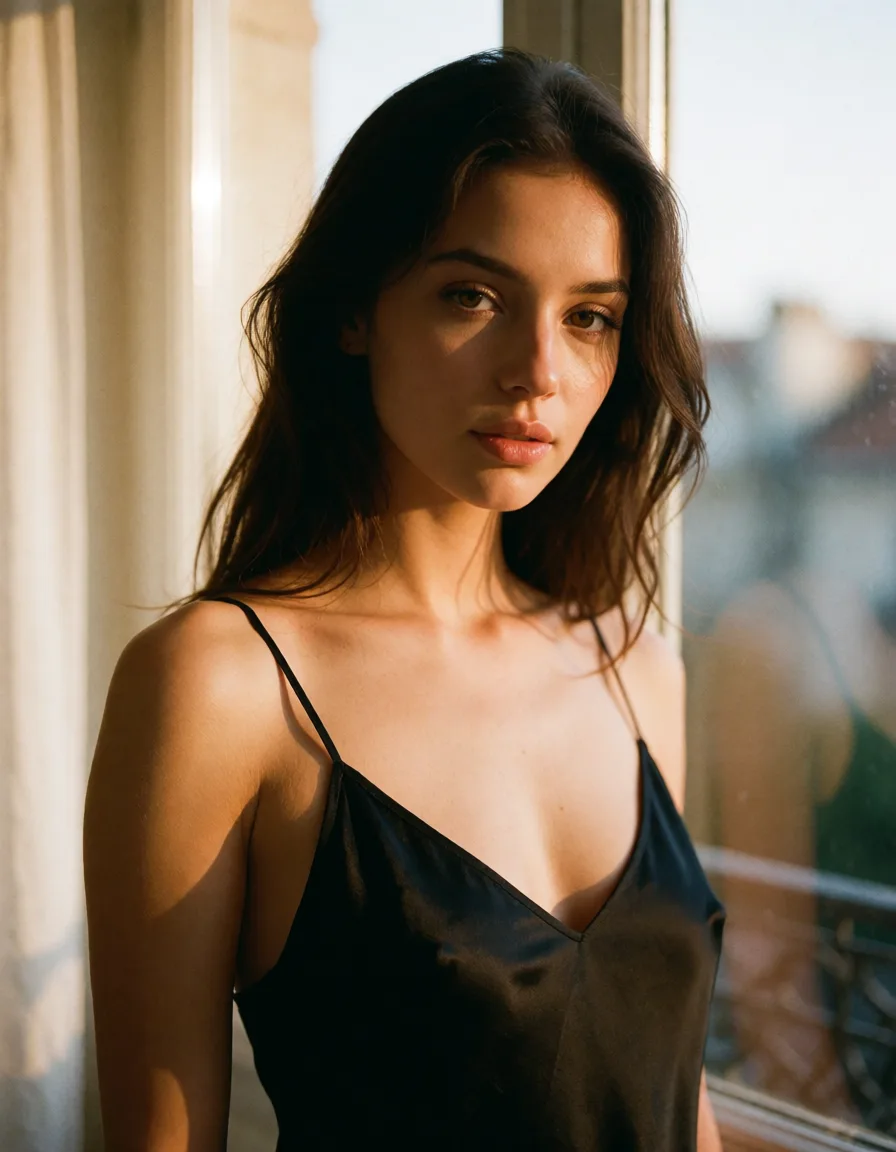 a photograph, a woman with long dark hair in a black silk slip, soft window light, shot on film fully nude with hard nipples, warm golden afternoon daylight, soft natural shadows, warm amber tones, gentle contrast, fine film grain, smooth clear skin, strikingly beautiful, radiant complexion, early twenties
