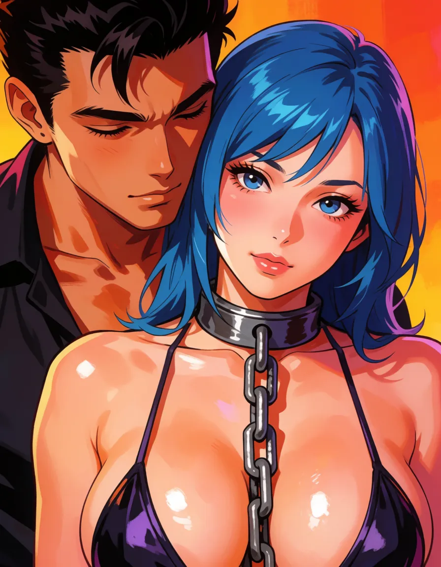 hentai anime art, a woman with very huge_breasts hanging_breasts in doggy style. woman has blue hair and a chain around her neck  held by a man behind her ass. the man is very very fat size_difference. looking_down, clean lineart, smooth cel shading, glossy highlights, saturated warm colour, drawn illustration, strikingly beautiful, radiant complexion, early twenties