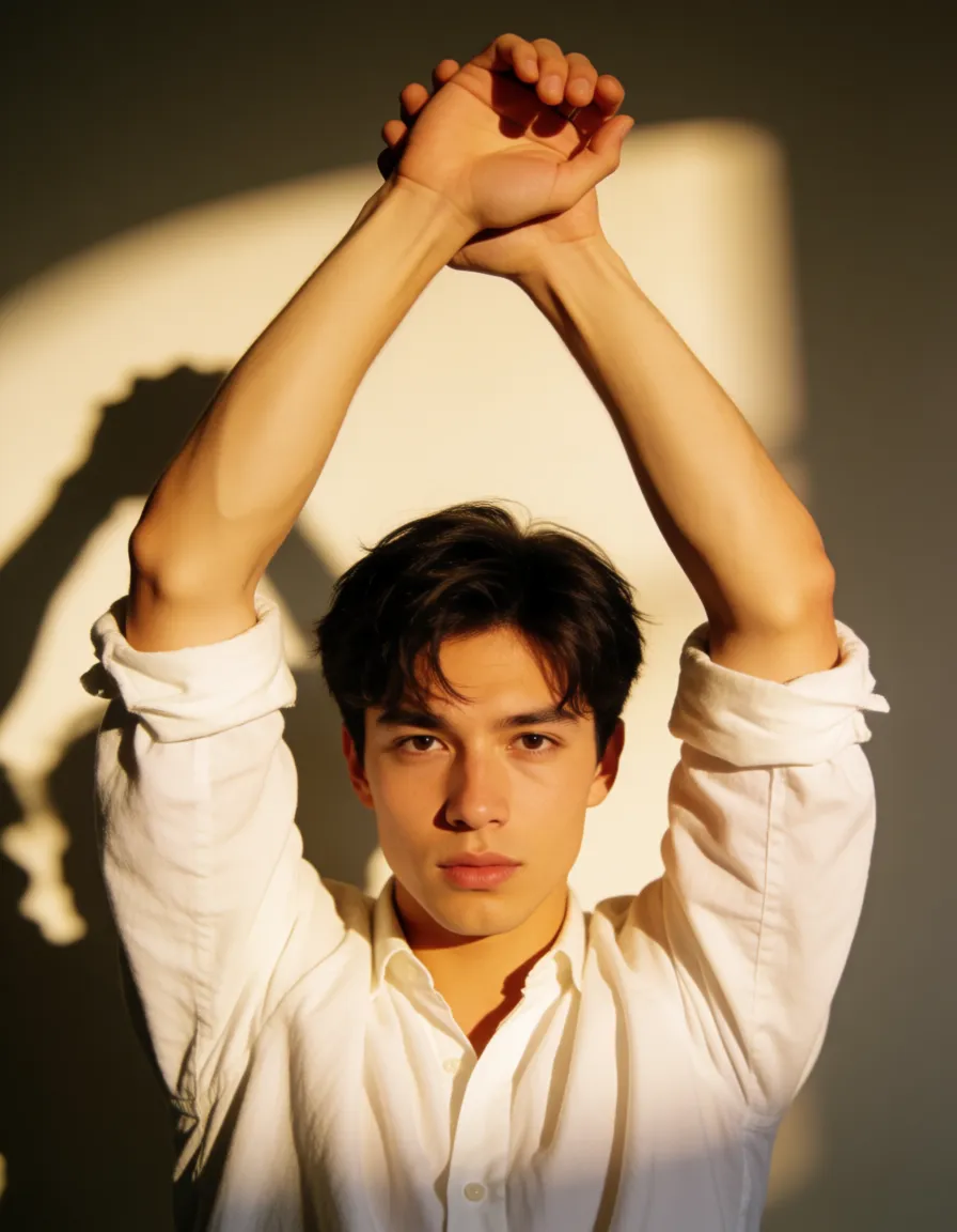 a photograph, studio quality, sharp focus, male focus, arms up, white shirt, holding, spread legs, spotlight, RAW photo, warm golden afternoon daylight, soft natural shadows, warm amber tones, gentle contrast, fine film grain, smooth clear skin, strikingly beautiful, radiant complexion, early twenties