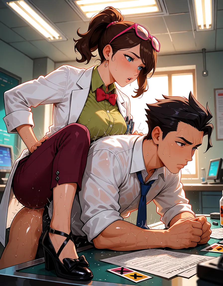 hentai anime art, Close-up side view, Ema Skye pounding Apollo Justice from behind over a forensic table. Ema wears white lab coat, olive green shirt, red bow tie, burgundy cropped trousers, black heeled pumps with bow straps, pink glasses on her head. Apollo's elbows rest on the table among papers and evidence, his body jolted by each thrust. Lab environment, fluorescent lights, explicit penetration, wet details, clothing rumpled, highly detailed faces and bodies, cinematic backlighting, clean lineart, smooth cel shading, glossy highlights, saturated warm colour, drawn illustration, strikingly beautiful, radiant complexion, early twenties