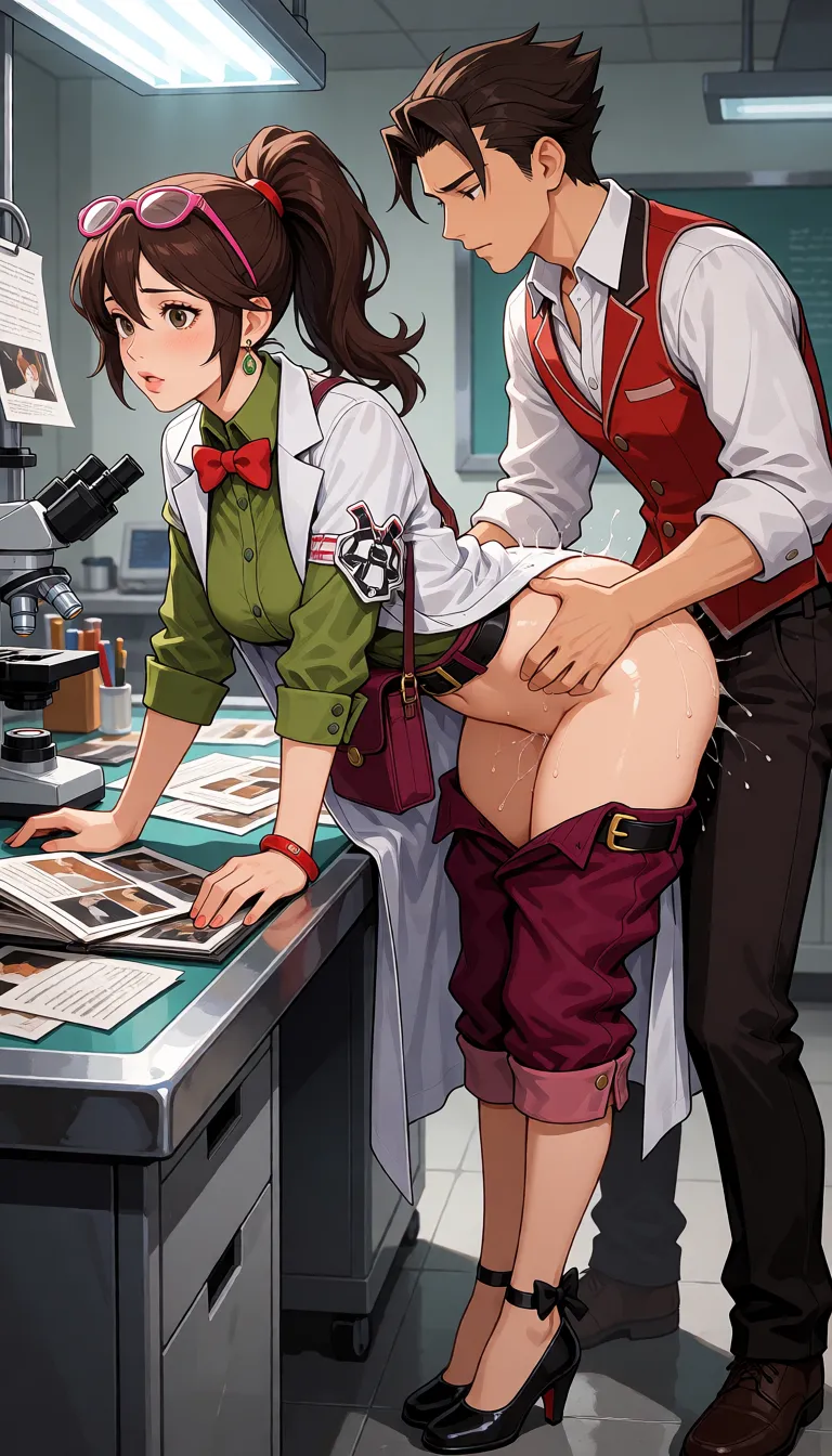 hentai anime art, Apollo Justice from Ace Attorney fucking Ema Skye from behind. Ema Skye, adult woman, brown hair in high ponytail, pink glasses resting on top of her head, wearing white lab coat over olive green long-sleeve button-up shirt, red bow tie, burgundy cropped breeches with turned-up cuffs, black leather belt with gold buckle, black pumps with small heels and ankle strap tied in a bow, red bracelet on wrist, burgundy forensic bag at her side. Ema is bent over a metal forensic examination table, both elbows planted on the table, looking at evidence files, photos and a microscope while being taken from behind. Apollo Justice, young man with brown spiky hair, white shirt, red vest, dark pants, standing behind her, gripping her hips, thrusting. Laboratory setting, papers and evidence scattered on the table, fluorescent lighting, explicit penetration from behind, detailed clothing, rumpled lab coat and breeches pulled down or aside, realistic anatomy, cinematic side view, 8k, highly detailed, clean lineart, smooth cel shading, glossy highlights, saturated warm colour, drawn illustration, strikingly beautiful, radiant complexion, early twenties