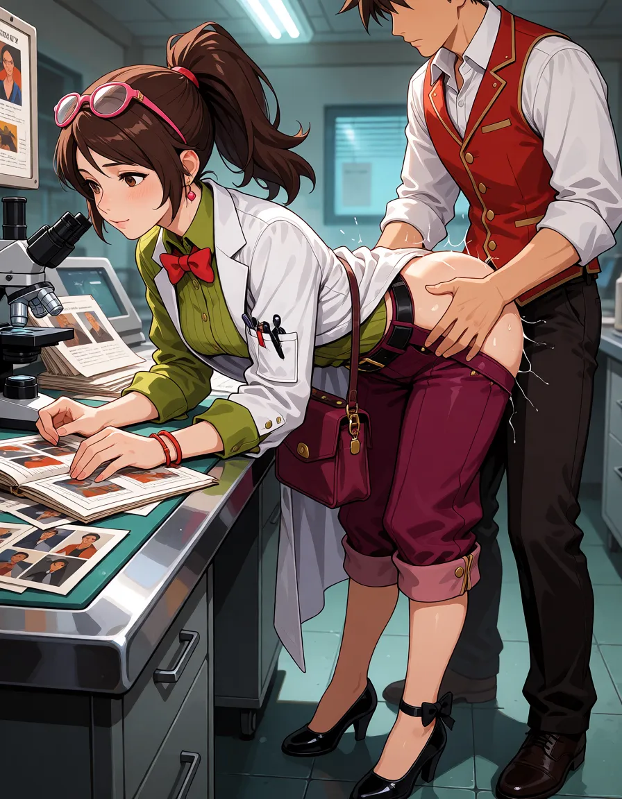 hentai anime art, Apollo Justice from Ace Attorney fucking Ema Skye from behind. Ema Skye, adult woman, brown hair in high ponytail, pink glasses resting on top of her head, wearing white lab coat over olive green long-sleeve button-up shirt, red bow tie, burgundy cropped breeches with turned-up cuffs, black leather belt with gold buckle, black pumps with small heels and ankle strap tied in a bow, red bracelet on wrist, burgundy forensic bag at her side. Ema is bent over a metal forensic examination table, both elbows planted on the table, looking at evidence files, photos and a microscope while being taken from behind. Apollo Justice, young man with brown spiky hair, white shirt, red vest, dark pants, standing behind her, gripping her hips, thrusting. Laboratory setting, papers and evidence scattered on the table, fluorescent lighting, explicit penetration from behind, detailed clothing, rumpled lab coat and breeches pulled down or aside, realistic anatomy, cinematic side view, 8k, highly detailed, clean lineart, smooth cel shading, glossy highlights, saturated warm colour, drawn illustration, strikingly beautiful, radiant complexion, early twenties