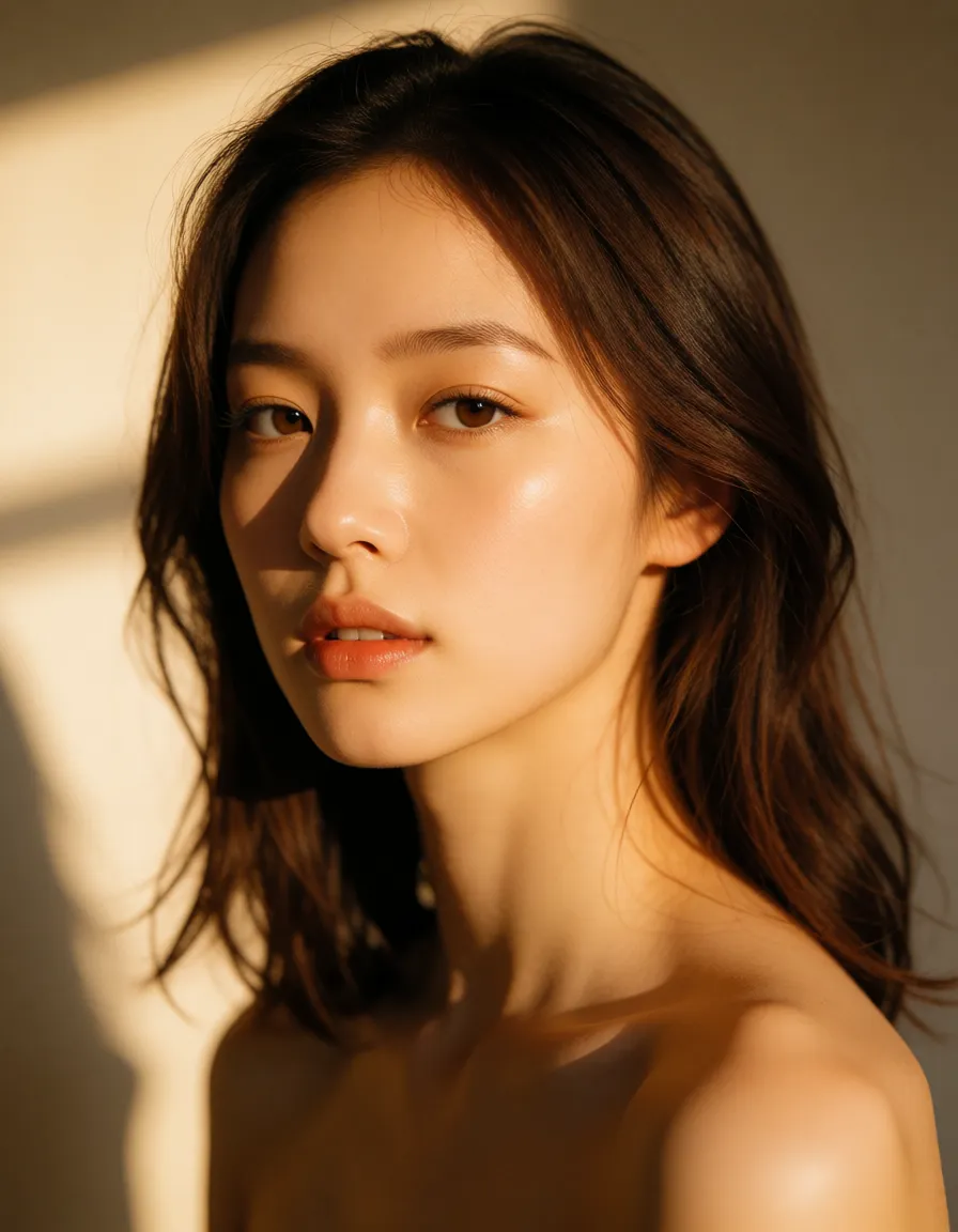 a photograph, 유두가 큰 여성, warm golden afternoon daylight, soft natural shadows, warm amber tones, gentle contrast, fine film grain, smooth clear skin, strikingly beautiful, radiant complexion, early twenties