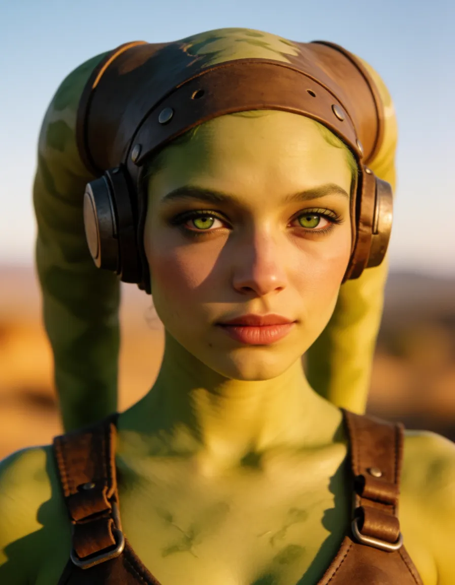 a photograph, Twi'lek, lether harness, green_eyes , green_skin, ringgag, warm golden afternoon daylight, soft natural shadows, warm amber tones, gentle contrast, fine film grain, smooth clear skin, strikingly beautiful, radiant complexion, early twenties