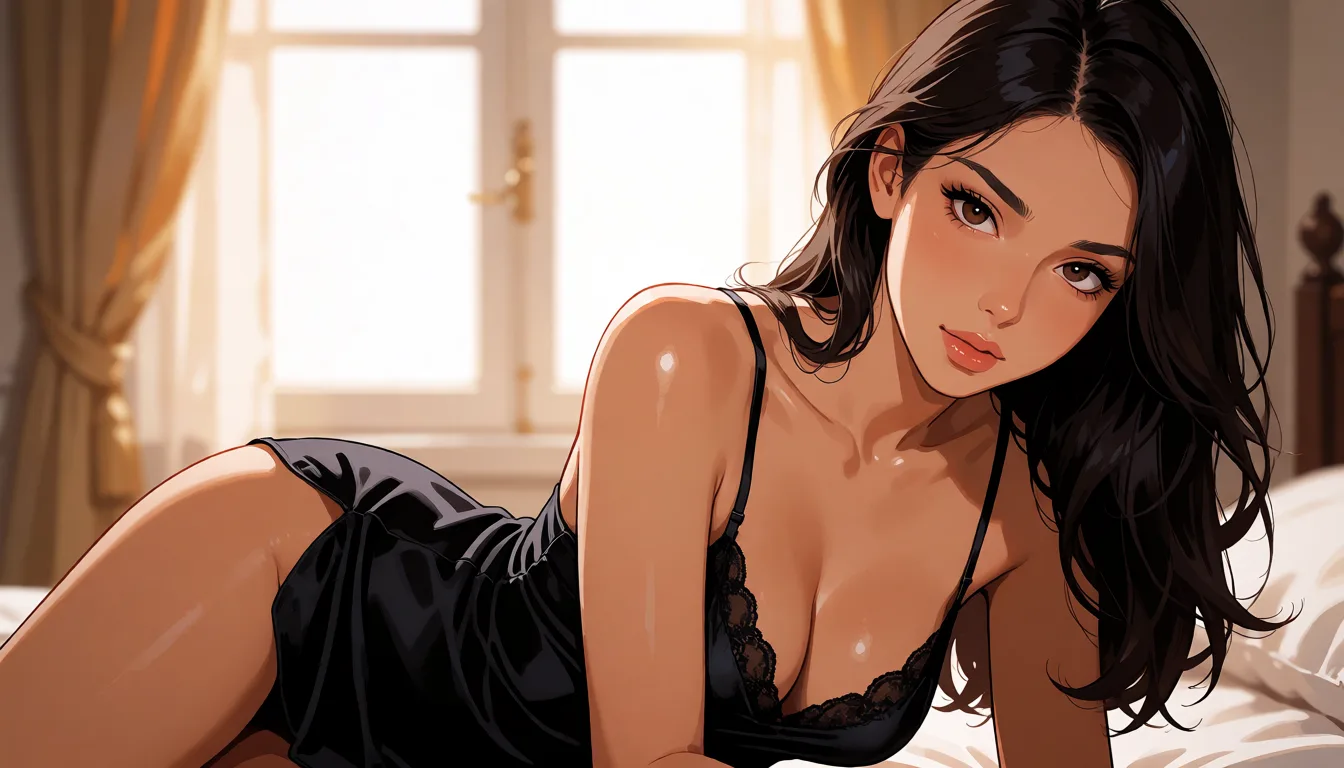 hentai anime art, a woman with long dark hair in a black silk slip, soft window light, shot on film, clean lineart, smooth cel shading, glossy highlights, saturated warm colour, drawn illustration, strikingly beautiful, radiant complexion, early twenties