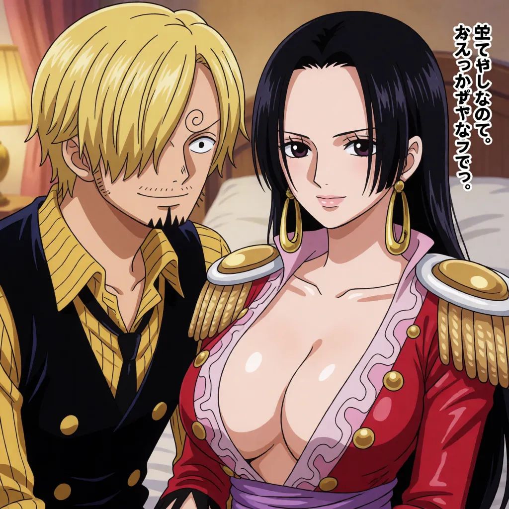 hentai anime art, Anime *One Piece*; male character Sanji, female character Boa Hancock; scene depicting rough sexual intercourse culminating in internal ejaculation; the male thrusts vigorously with a smirk, shaking the female's body; the female loses her composure at the peak of pleasure, her consciousness drifting as her expression goes slack; set in a bedroom; visual effects indicating the speed and motion of the male's hips; sound effects; Japanese text; imagery conveying the male's hips moving violently at tremendous speed., clean lineart, smooth cel shading, glossy highlights, saturated warm colour, drawn illustration, strikingly beautiful, radiant complexion, early twenties