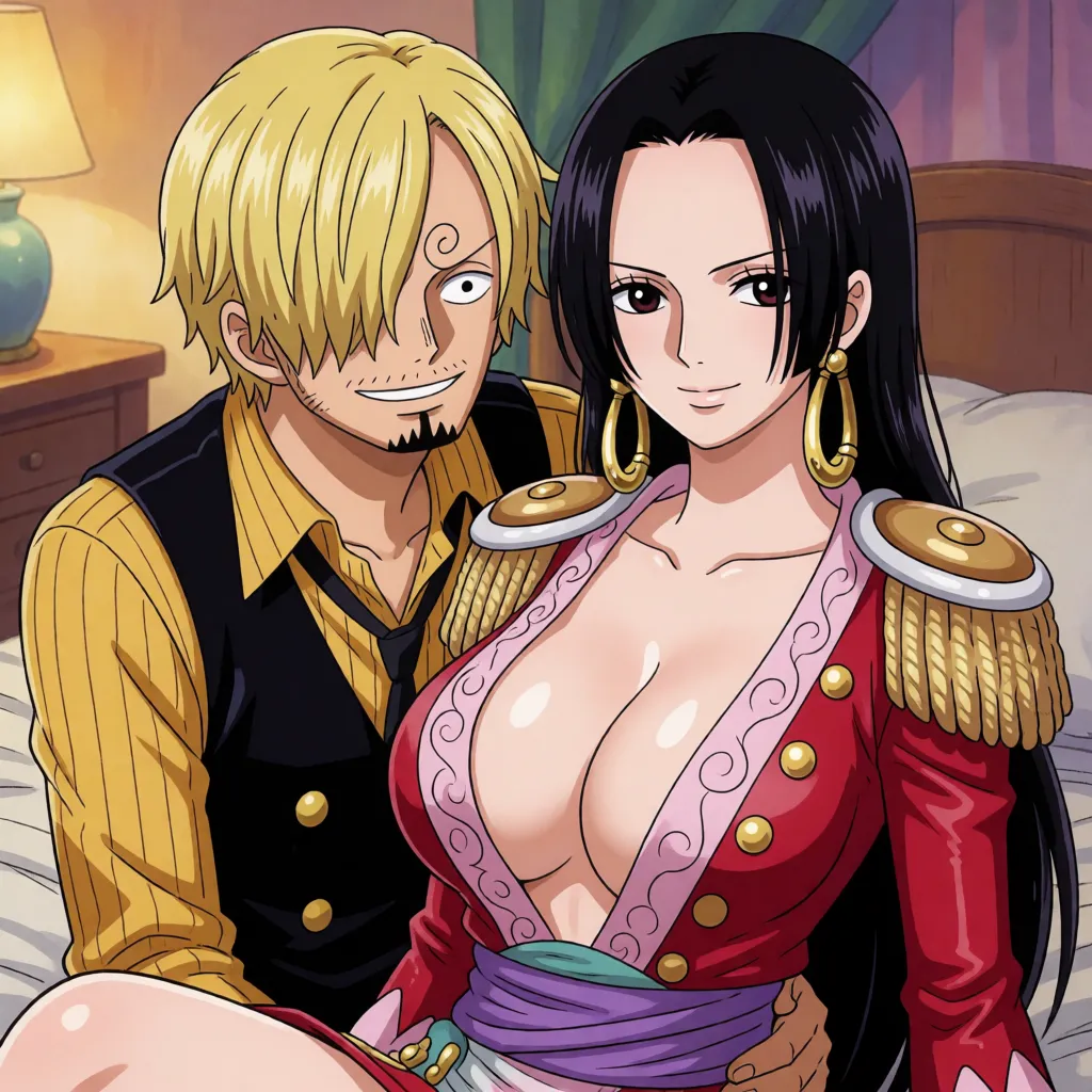 hentai anime art, Anime *One Piece*; male character is Sanji, female character is Boa Hancock; man fucking woman; the man grins while thrusting his hips back and forth at incredible speed, shaking the woman; the woman loses her reason at the peak of pleasure, her consciousness drifting as her face goes slack; set in a bedroom; visual effects depicting the man's hip motion and speed; sound effects; Japanese text., clean lineart, smooth cel shading, glossy highlights, saturated warm colour, drawn illustration, strikingly beautiful, radiant complexion, early twenties
