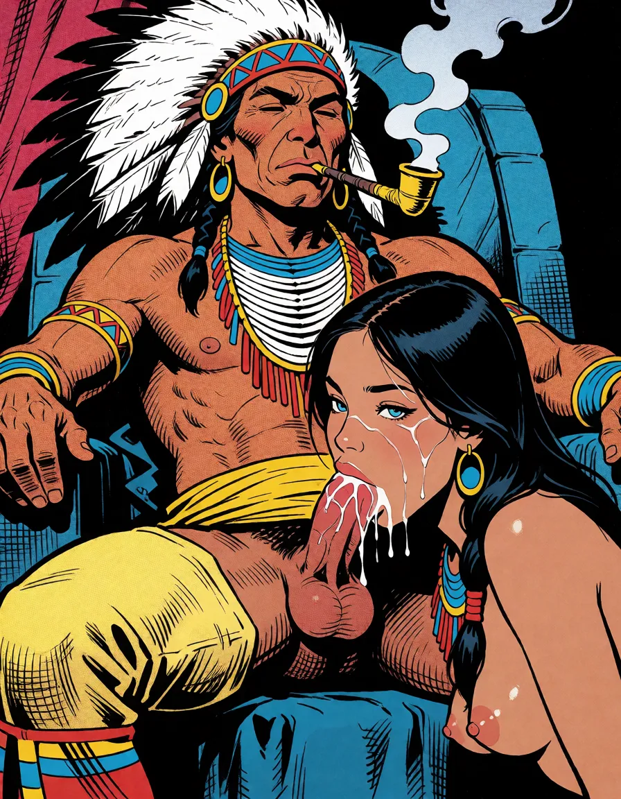 comic book art, Native American woman with black hair and blue eyes performs oral sex on the tribal chief, who sits on a throne while smoking a peace pipe., bold black ink outlines, halftone dot shading, cross hatched shadows, flat four colour print palette, hard high contrast comic inking, printed comic page, strikingly beautiful, radiant complexion, early twenties