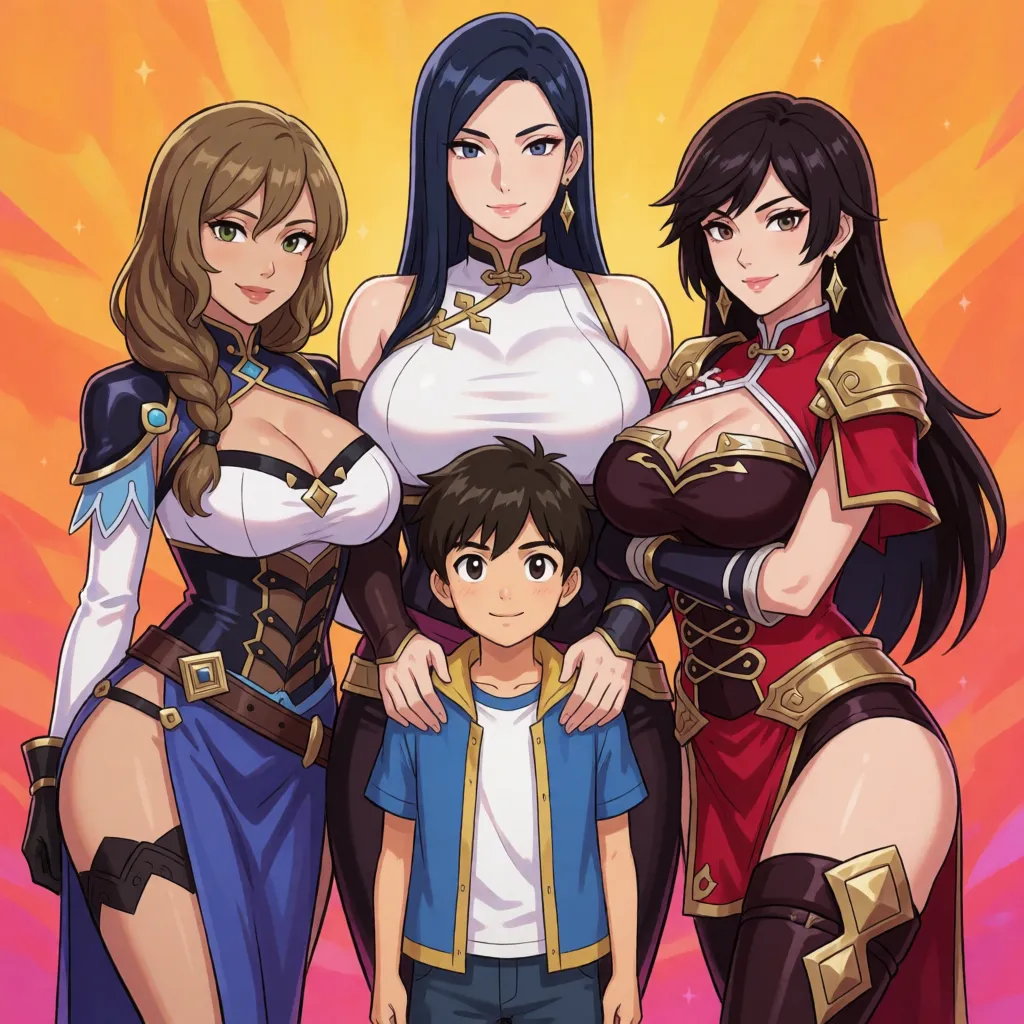 hentai anime art, 1boy, 3women, semen, fully clothed, tall woman, larger female, size difference, standing, breast smothering, surrounded, (femdom), (clothed_female_nude_male, lisa, Lisa, Yelan, Beidou. CFNM. Penis, cum., clean lineart, smooth cel shading, glossy highlights, saturated warm colour, drawn illustration, strikingly beautiful, radiant complexion, early twenties