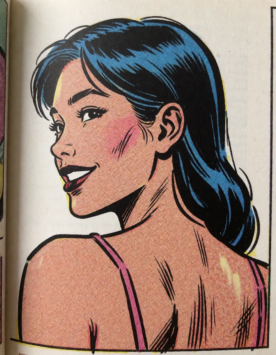 comic book art, Chin-li, from_behind, seductive_smile,, bold black ink outlines, halftone dot shading, cross hatched shadows, flat four colour print palette, hard high contrast comic inking, printed comic page, strikingly beautiful, radiant complexion, early twenties