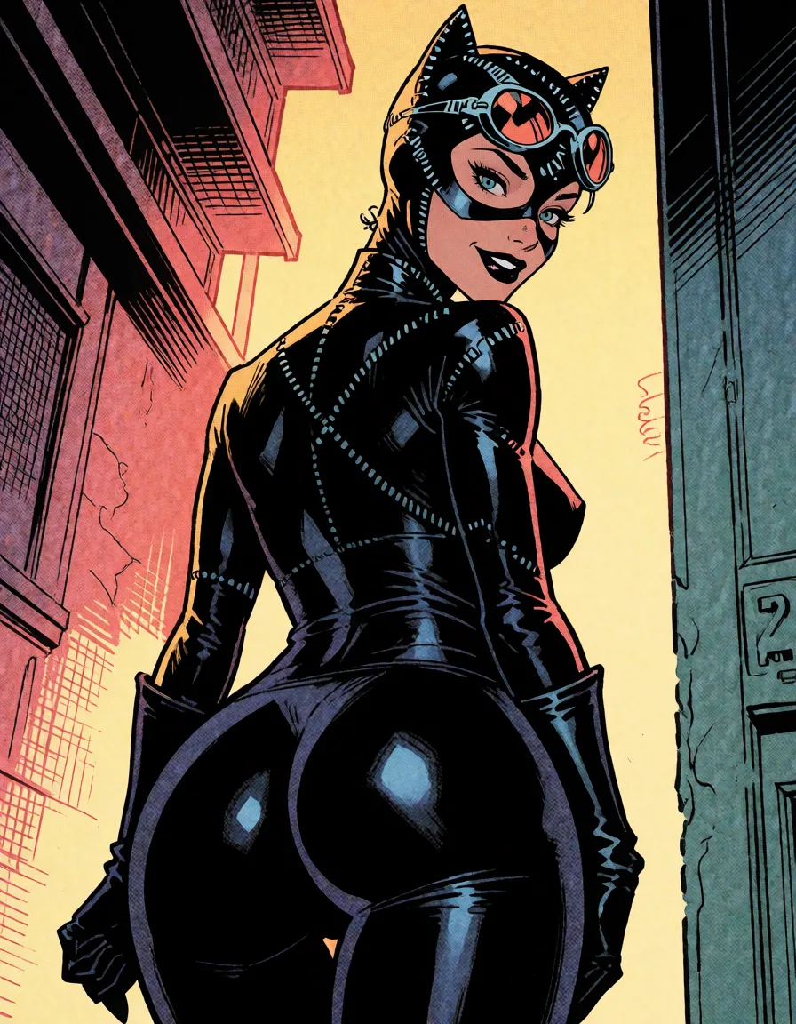 comic book art, Catwoman, from_behind, seductive_smile, ass_focus, bold black ink outlines, halftone dot shading, cross hatched shadows, flat four colour print palette, hard high contrast comic inking, printed comic page, strikingly beautiful, radiant complexion, early twenties
