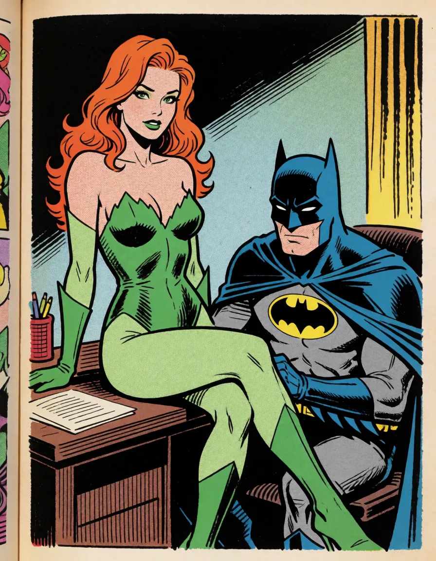 comic book art, Poison Ivy and Batman having sex on a desk, bold black ink outlines, halftone dot shading, cross hatched shadows, flat four colour print palette, hard high contrast comic inking, printed comic page, strikingly beautiful, radiant complexion, early twenties