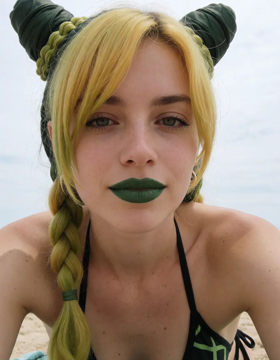 an amateur snapshot, Jolyne cujo,dark green lipstick,futanari,fat cock,massive futanari cock,mini bikini,thong,garter belt,beach,close view,from below, plenty of natural daylight, flat even light, casual unposed snapshot, natural everyday colour, mild noise, natural unretouched skin, strikingly beautiful, radiant complexion, early twenties