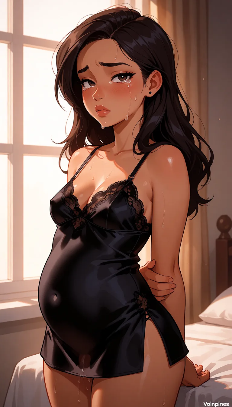 hentai anime art, a woman with long dark hair in a black silk slip, soft window light, shot on filmInno, voidplaces, cartoonish, tired, small breasts, small ass, inflated belly, dick in, sweaty, hand behind back, tears, clean lineart, smooth cel shading, glossy highlights, saturated warm colour, drawn illustration, strikingly beautiful, radiant complexion, early twenties