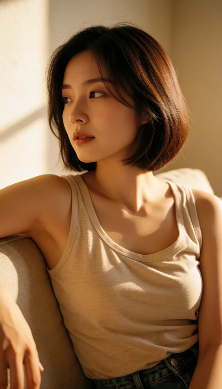 a photograph, Beautiful korean woman, bob hair, beige tank top rolled over tits, head turn side, closed_eyes, screaming, big tits, spread_legs, lay down on sofa, sex, pov, missionary, penis entered pussy,, warm golden afternoon daylight, soft natural shadows, warm amber tones, gentle contrast, fine film grain, smooth clear skin, strikingly beautiful, radiant complexion, early twenties