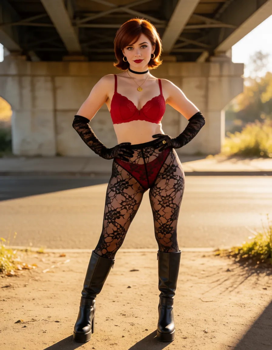 a photograph, Helen Parr (Elastigirl from *The Incredibles*) has a large butt and large breasts, very full lips, and a slender waist. She is wearing black lace stockings, a red lace bra, long black lace gloves, black lace panties, and black knee-high platform boots. She wears a gold chain with a small gold medallion and a black choker around her neck, gold hoop earrings, and a ring on her finger. She is standing with her legs straight and spread wide apart, and her hands on her hips. She is wearing black mascara and dark red lipstick. There is a tattoo of the Parr family's superhero symbol from *The Incredibles* in her pubic area. The words "Fuck me" and "CUM IN ME" are written on her buttocks. She has a rosy flush on her cheeks.She looks like a satisfied and self-confident woman.In the slums under a bridge., warm golden afternoon daylight, soft natural shadows, warm amber tones, gentle contrast, fine film grain, smooth clear skin, strikingly beautiful, radiant complexion, early twenties