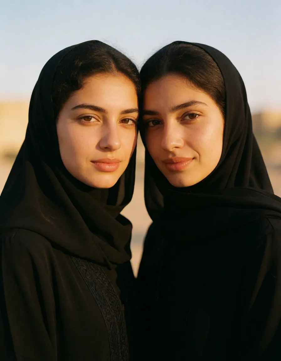 a photograph, Two Saudis females huge chested in black abaya being tentacled by horny alien badly, warm golden afternoon daylight, soft natural shadows, warm amber tones, gentle contrast, fine film grain, smooth clear skin, strikingly beautiful, radiant complexion, early twenties