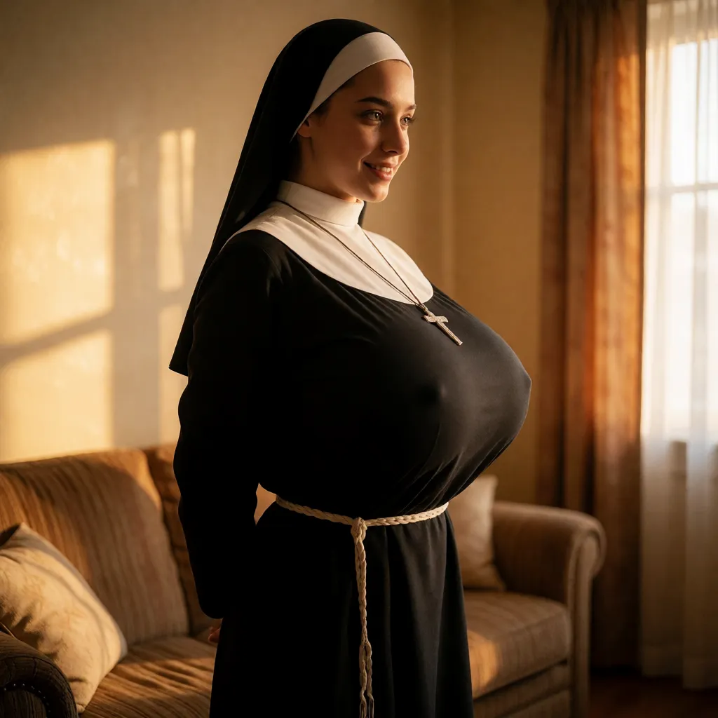 a photograph, nun with gigantic cup zzz tits tight long black nun outfit, arabic, side profile, naughty smile. location: living room birthday party . gigantic tits, warm golden afternoon daylight, soft natural shadows, warm amber tones, gentle contrast, fine film grain, smooth clear skin, strikingly beautiful, radiant complexion, early twenties