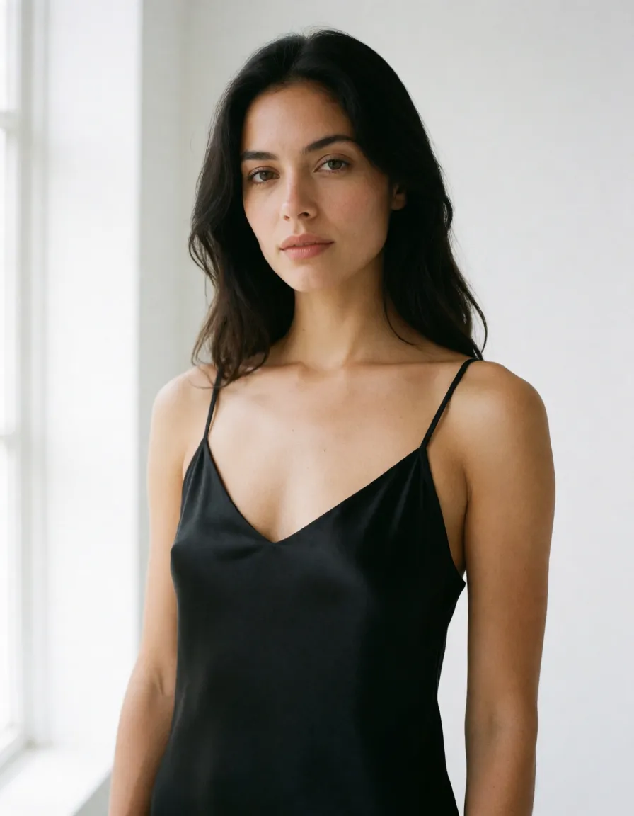 a studio photograph, a woman with long dark hair in a black silk slip, soft window light, shot on film, even shadowless studio light, plain white background, clean rich colour, flawless polished skin, strikingly beautiful, radiant complexion, early twenties