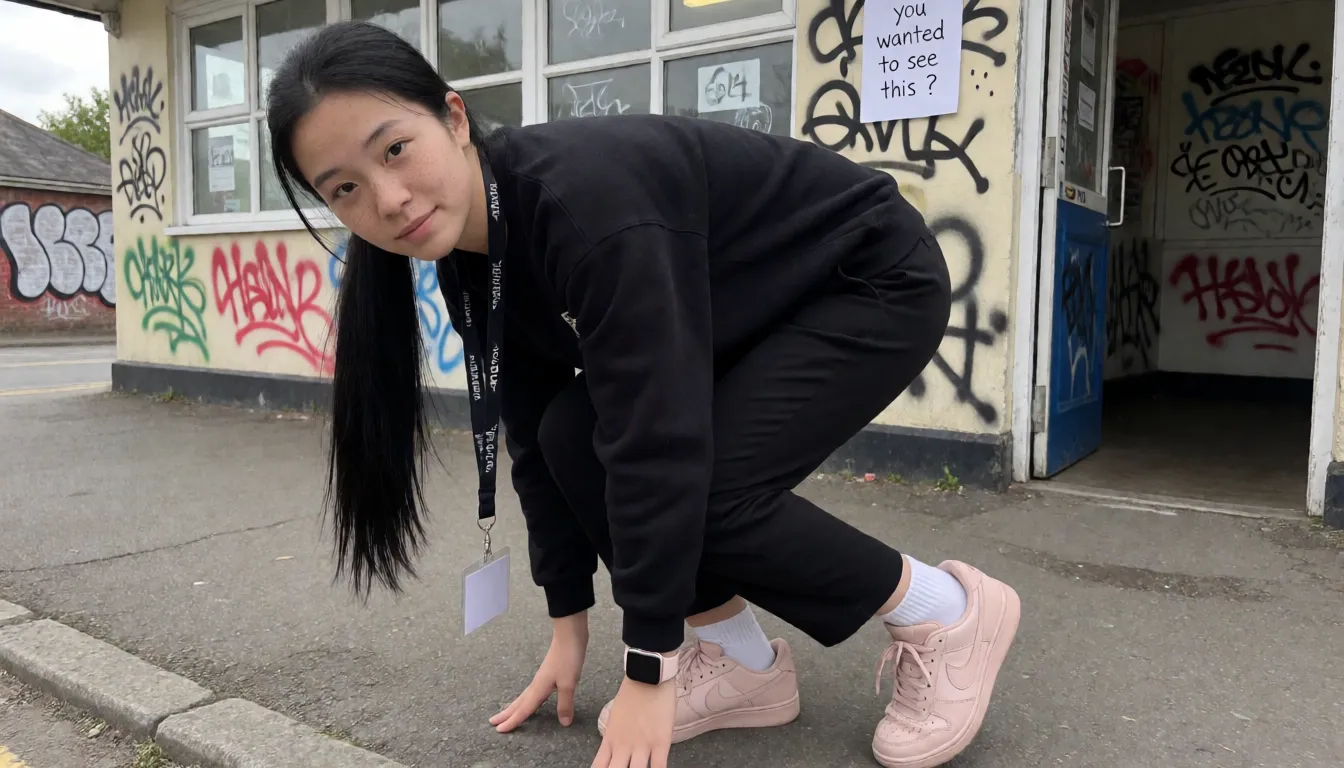 an amateur snapshot, A very short 18 year old woman, quite thin. Long straight black hair. In ponytail, pale skin, lots of freckles, petite, wearing black sweatshirt, braces on teeth. lanyard. Pink Apple Watch, lanyard. Is on her knees bent forward onto her hands and knees, wearing black trousers that are pulled down over ass to lower thighs, white panties also pulled down to thighs, bare pink shaven pussy and ass on show, light pink trainers and white socks. Her left hand is spreading her ass, in a secluded area with station in background but no people around. Graffiti on walls. Piece of paper on wall with clearly written note on ' you wanted to see this ? ' she is looking over shoulder at camera tongue out., plenty of natural daylight, flat even light, casual unposed snapshot, natural everyday colour, mild noise, natural unretouched skin, strikingly beautiful, radiant complexion, early twenties