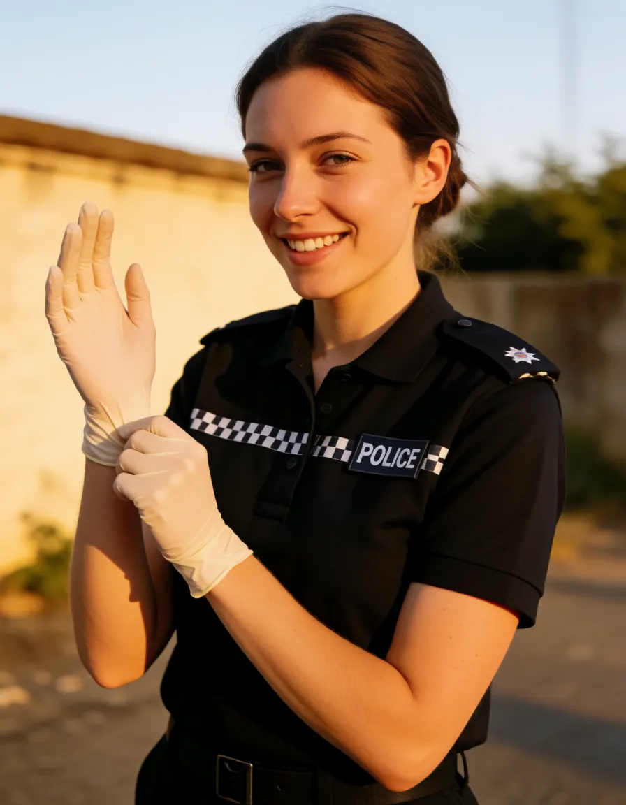 a photograph, a uk police woman in tight uniform wearing a strapon and putting on a latex glove with a smile on her face, warm golden afternoon daylight, soft natural shadows, warm amber tones, gentle contrast, fine film grain, smooth clear skin, strikingly beautiful, radiant complexion, early twenties