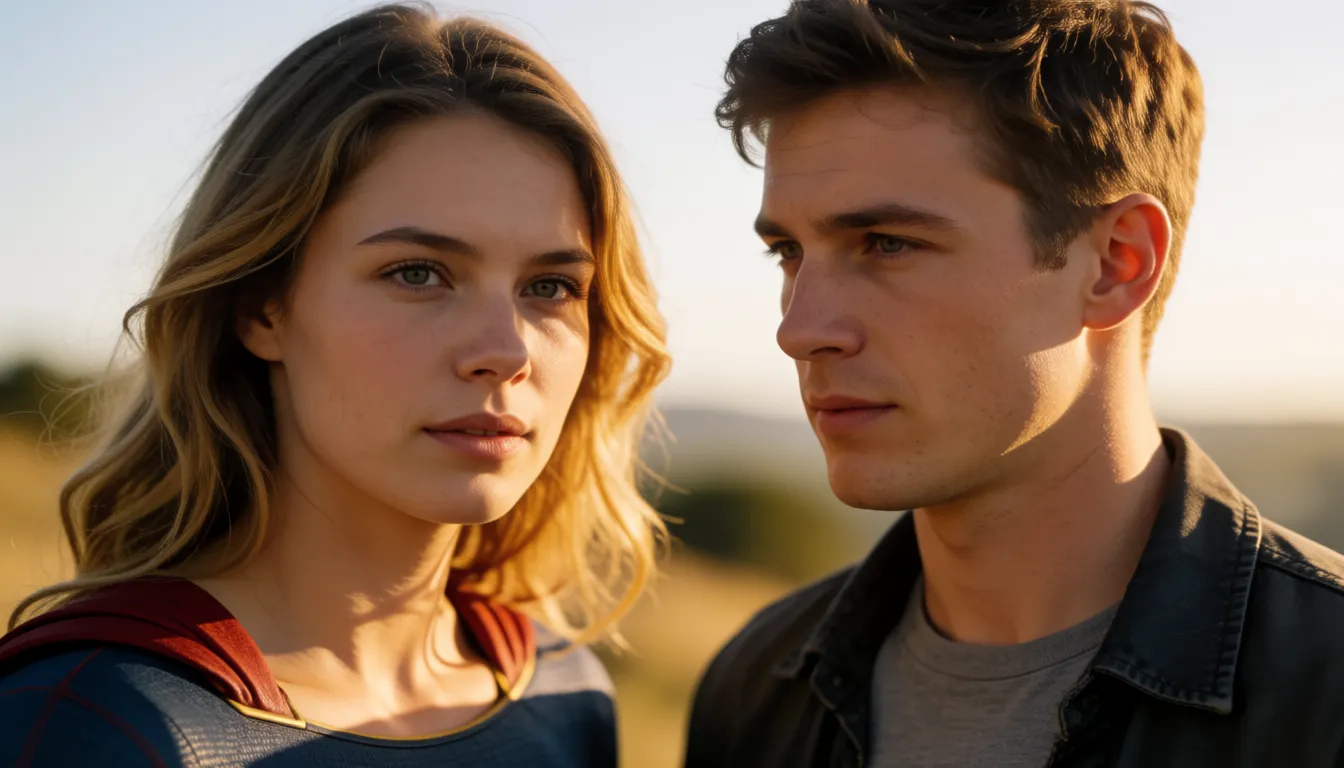 a photograph, supergirl gives a super speed handjob to a naked man , he looks overwhelmed and cum shoots up in the air, warm golden afternoon daylight, soft natural shadows, warm amber tones, gentle contrast, fine film grain, smooth clear skin, strikingly beautiful, radiant complexion, early twenties