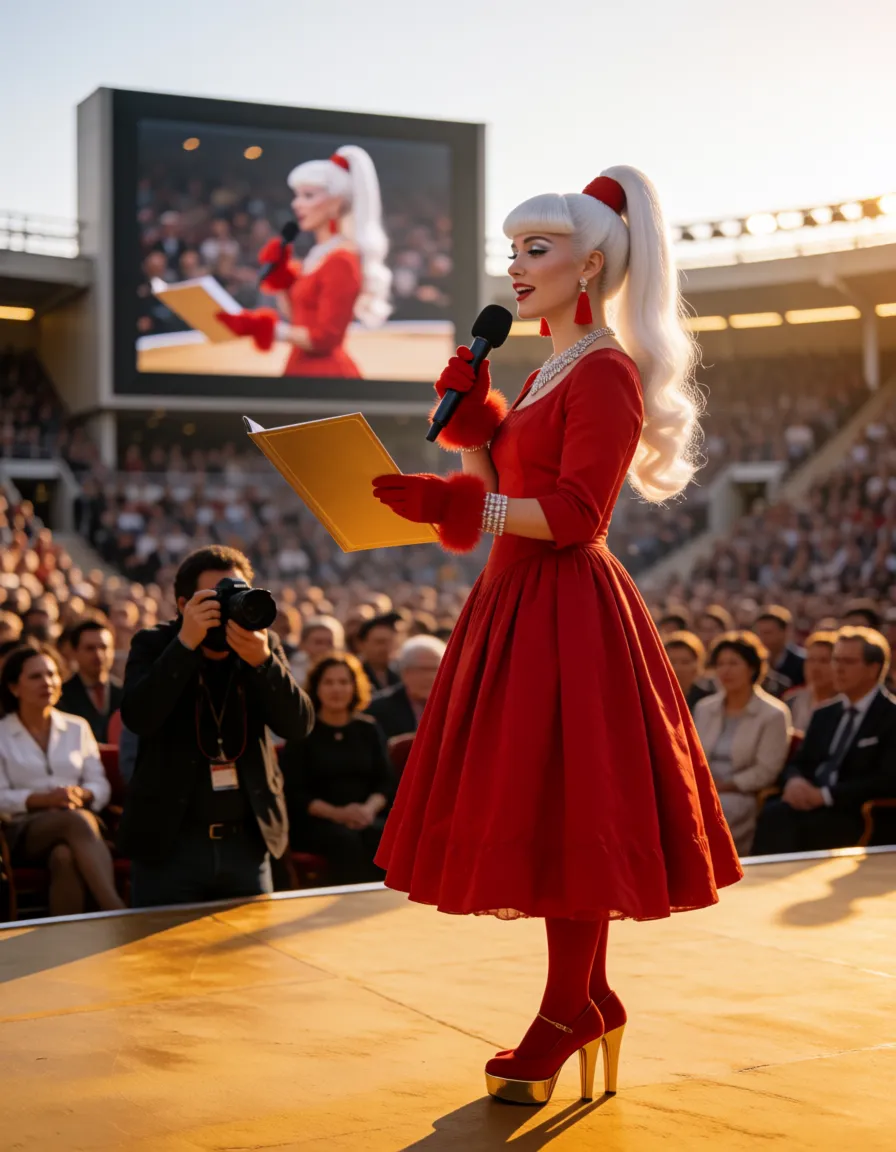 a photograph, BIMBOBOOBS with HUGE GIGANTIC BREASTS, a very slender waist in a red Old‑fashioned vintage dress , nude-colored shiny Tights, red shoes with extremely high gold heels and an extremely high gold platform, bright silver eyeshadow, big scarlet red lips, alabaster‑pink blush on the cheekbones, voluminous long eyelashes, Long white hair tied up in a high ponytail, a voluminous fringe, curled locks.large red tassel earrings, a massive diamond necklace, bracelets, red fluffy gloves, very bright vulgar makeup.A large TV studio arena with a large screen in the background., a full auditorium.She is standing.She is holding a microphone in her hand and speaking into it.In the second hand, a golden document holder.
Her breasts are the largest and most majestic in the world.
Her breasts are swollen to incredible, gigantic proportions.
Huge massive boobs.
Wide breasts.
The photographer with the camera is taking pictures of what’s happening.
Side view., warm golden afternoon daylight, soft natural shadows, warm amber tones, gentle contrast, fine film grain, smooth clear skin, strikingly beautiful, radiant complexion, early twenties