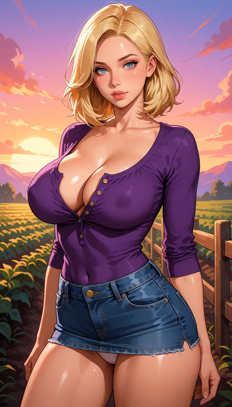 hentai anime art, A thin, athletic woman in her twenties with shoulder length blonde hair wearing a very short, tight denim mini skirt and a tight, purple, long sleeve Henley t-shirt with several buttons undone. She has large breasts and a small amount of her underwear is visible. She is standing on a farm., clean lineart, smooth cel shading, glossy highlights, saturated warm colour, drawn illustration, strikingly beautiful, radiant complexion, early twenties