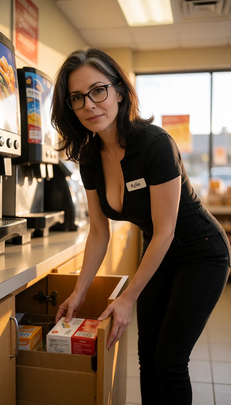 a photograph, A curvaceous woman in her mid-forties named Kylie, with shoulder-length dark brown hair showing hints of gray and wearing glasses. She is wearing a tight, low-cut black polo shirt with a name tag that reads 'Kylie' and fitted black jeans. She is leaning over to retrieve a box from a storage cabinet located underneath coffee machines behind a counter in a bright convenience store. High quality, sharp focus, natural fluorescent lighting., warm golden afternoon daylight, soft natural shadows, warm amber tones, gentle contrast, fine film grain, smooth clear skin, strikingly beautiful, radiant complexion, early twenties