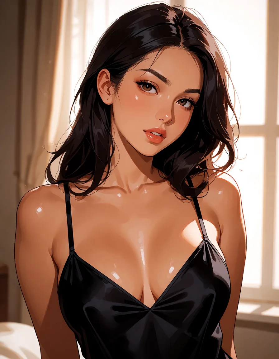 hentai anime art, a woman with long dark hair in a black silk slip, soft window light, shot on film, clean lineart, smooth cel shading, glossy highlights, saturated warm colour, drawn illustration, strikingly beautiful, radiant complexion, early twenties