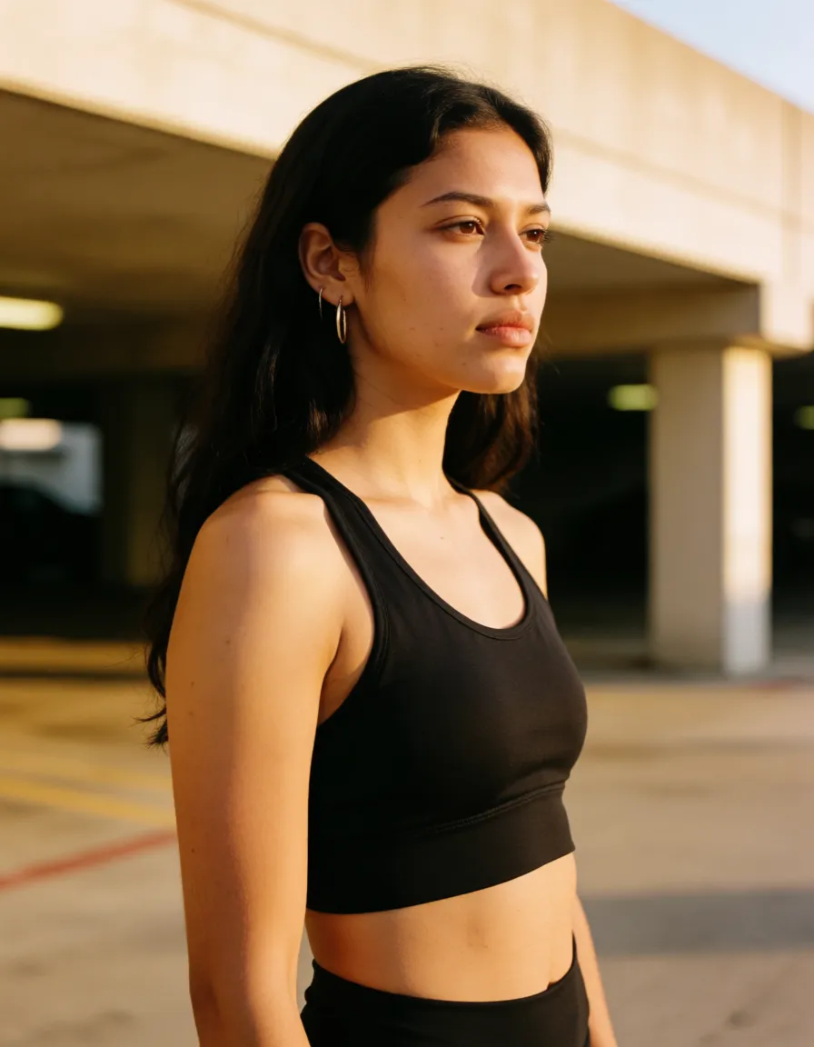 a photograph, dark_hair, long_hair, earrings, hoop_earrings, black_cropped_sport_bra, huge_breasts, nipples_visible_through_clothing, black_panties, 1man, sex_from_behind, doggystyle, hand_on_car, underground_parking_background, from_side, warm golden afternoon daylight, soft natural shadows, warm amber tones, gentle contrast, fine film grain, smooth clear skin, strikingly beautiful, radiant complexion, early twenties