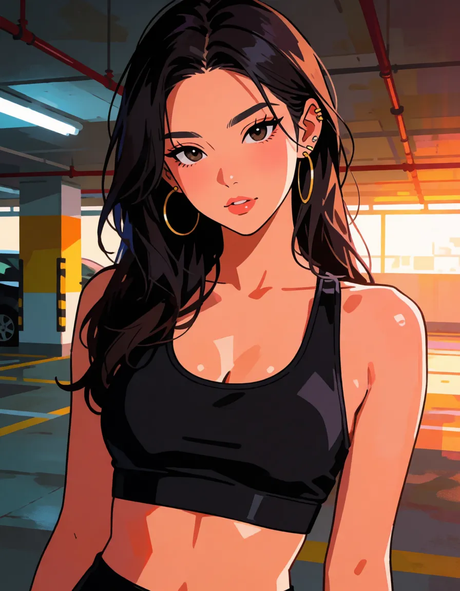 hentai anime art, dark_hair, long_hair, earrings, hoop_earrings, black_cropped_sport_bra, huge_breasts, black_panties, 1man, sex_from_behind, doggystyle, hand_on_car, underground_parking_background, cum_in_pussy, x-ray, pussy-full_of_cum, clean lineart, smooth cel shading, glossy highlights, saturated warm colour, drawn illustration, strikingly beautiful, radiant complexion, early twenties