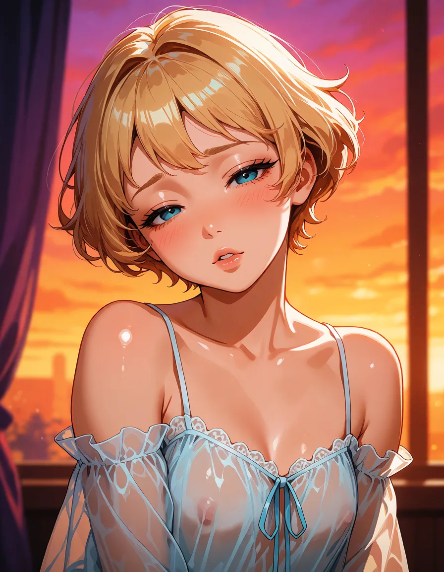 hentai anime art, Petite pixie, gossamer night gown, sleepy,, clean lineart, smooth cel shading, glossy highlights, saturated warm colour, drawn illustration, strikingly beautiful, radiant complexion, early twenties