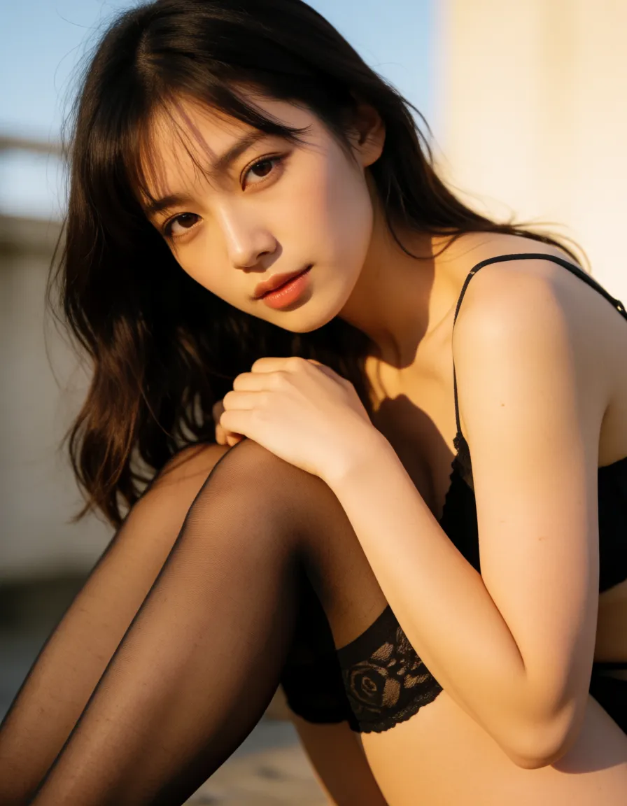 a photograph, a asian woman, covered in cum, Naked but in stockings, knees_up, ahegao, warm golden afternoon daylight, soft natural shadows, warm amber tones, gentle contrast, fine film grain, smooth clear skin, strikingly beautiful, radiant complexion, early twenties